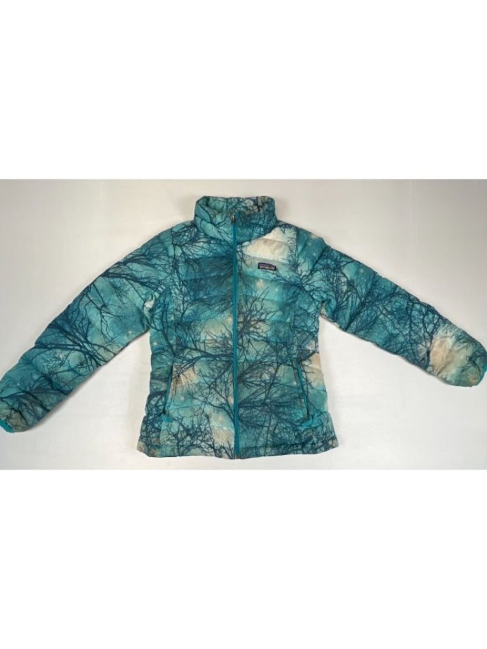 Patagonia Girl's Puffer Down Jacket Size L (12) Blue Tree Print Hoodless